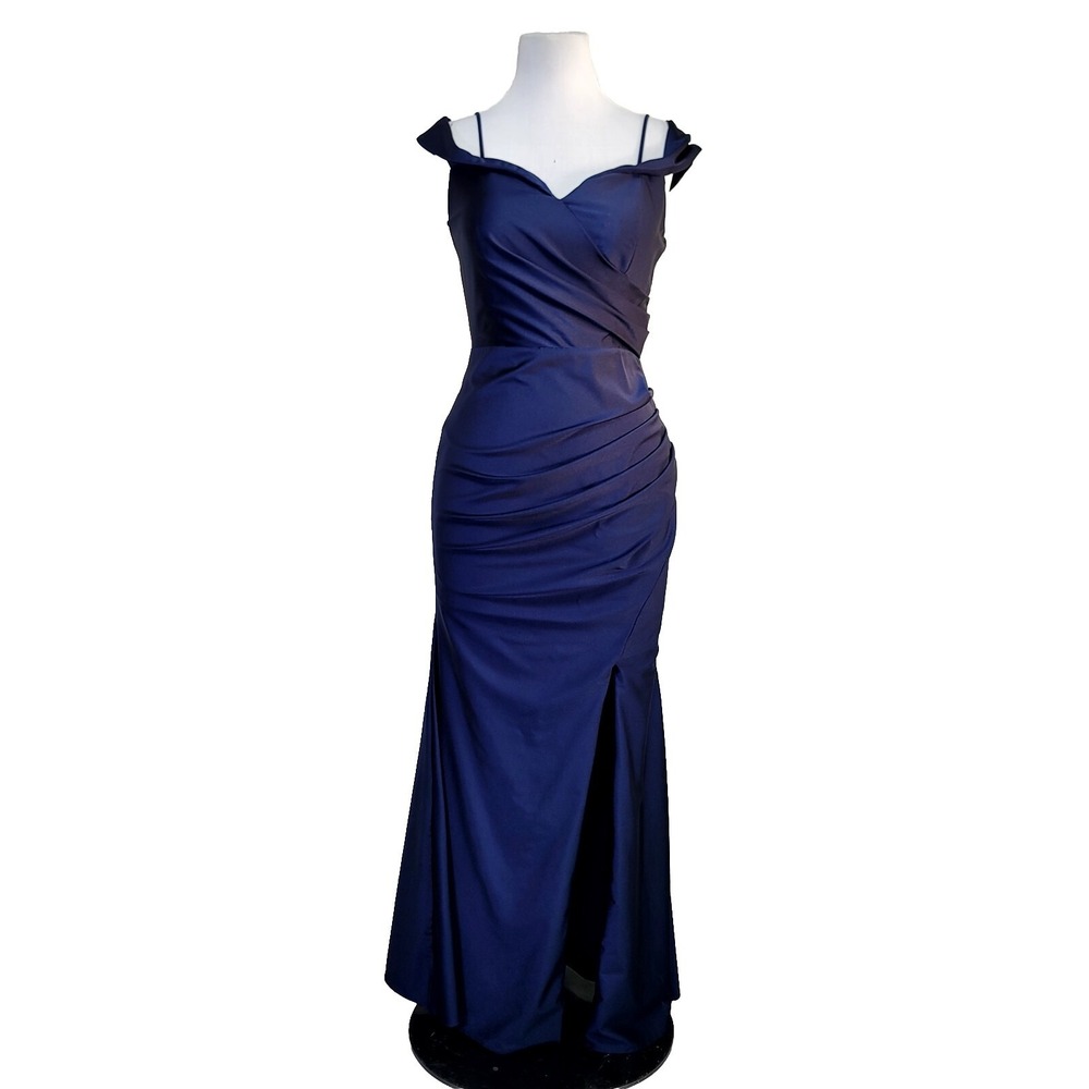 jo + el COMPANY Navy Blue Off Shoulder Ruched Maxi Gown Dress Slit 7060 XL